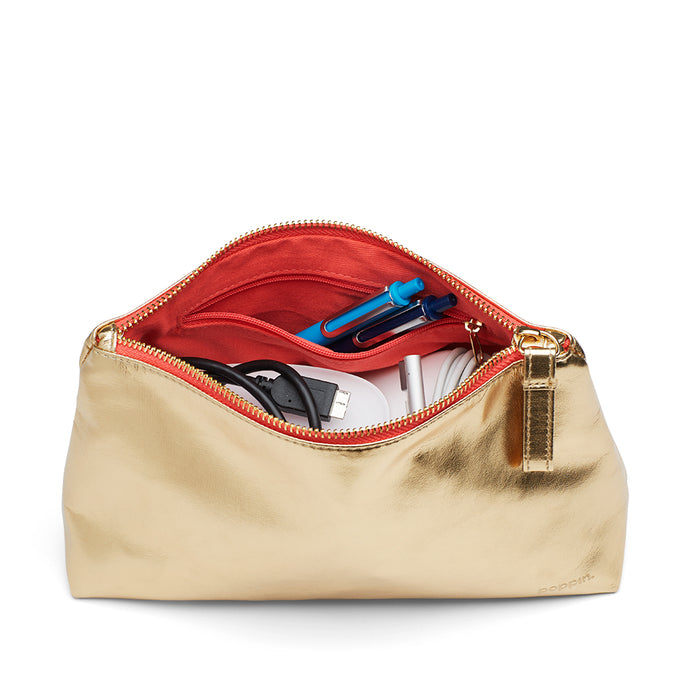 Gold cosmetic bag with zipper open showing contents like scissors and chargers. (Gold)