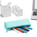 Teal pencil case with pens and laptop on a white desk, office supplies organization (Aqua)