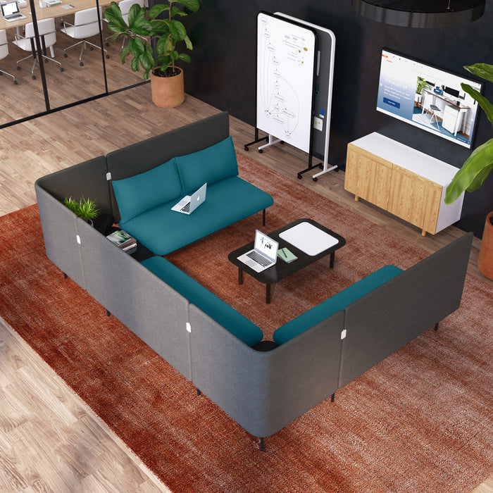 Modern office lounge area with stylish teal and grey sofa set and wooden accents. (Dark Gray-Dark Gray)(Brick-Dark Gray)(Dark Blue-Dark Gray)(Teal-Dark Gray)(Gray-Gray)(Blush-Gray)(Brick-Gray)(Dark Blue-Gray)
