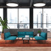 Modern office lounge with teal sofas, black table, laptop, and city view. (Dark Gray-Dark Gray)(Brick-Dark Gray)(Dark Blue-Dark Gray)(Teal-Dark Gray)(Gray-Gray)(Blush-Gray)(Brick-Gray)(Dark Blue-Gray)