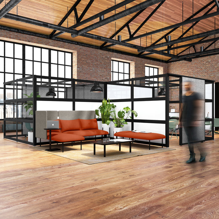 Modern office interior with open space layout, large windows, and stylish furniture. (Dark Gray-Dark Gray)(Brick-Dark Gray)(Dark Blue-Dark Gray)(Teal-Dark Gray)(Gray-Gray)(Blush-Gray)(Brick-Gray)(Dark Blue-Gray)