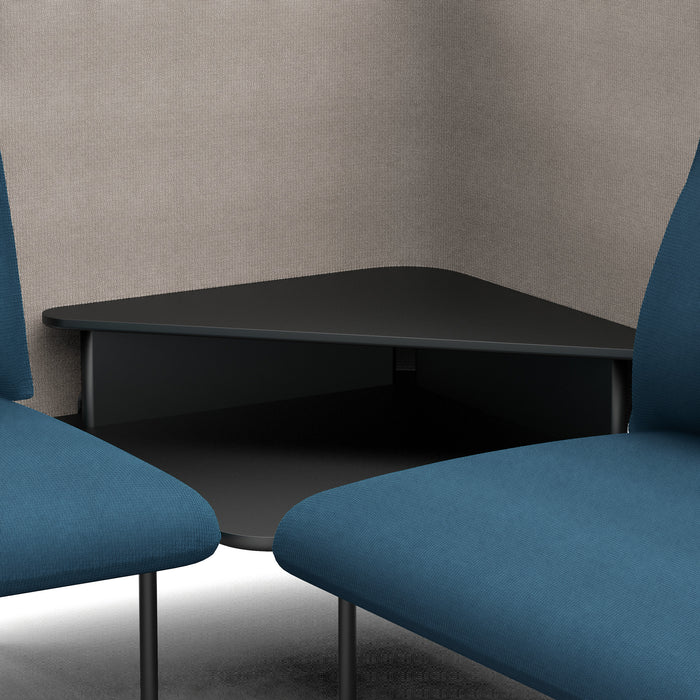 Modern black corner table with blue upholstered chairs in a minimalist office setting. (Dark Blue-Gray)