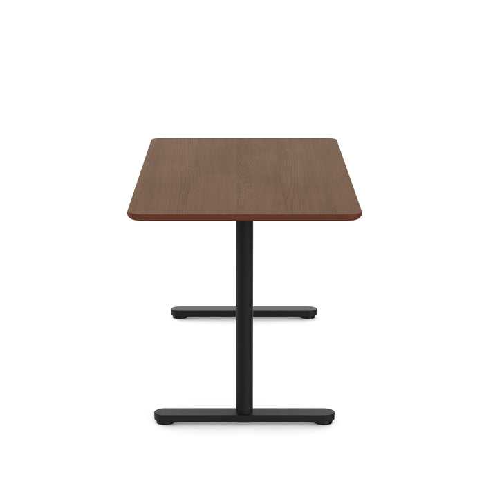 Modern square wooden table with black metal base on a white background. (Walnut-60&quot;)