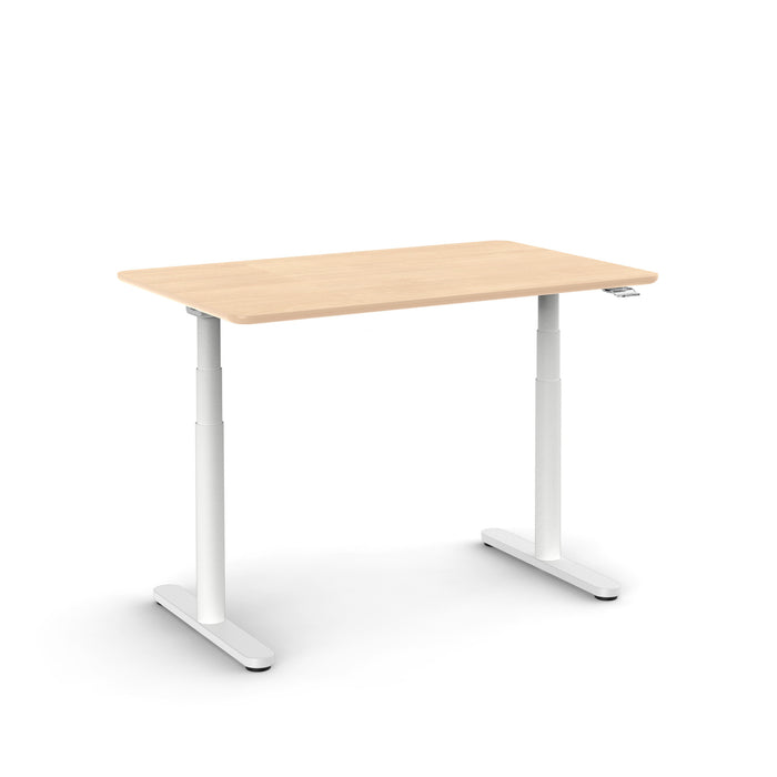 Adjustable height desk with wooden top and white metal legs on a white background. (Natural Oak-48&quot;)