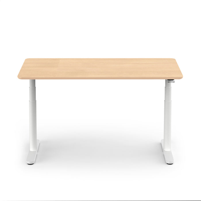 Modern height-adjustable desk with wooden top and metal legs on white background. (Natural Oak-60&quot;)