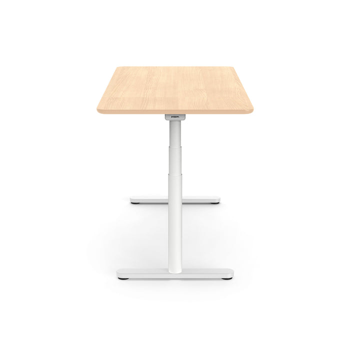 Modern adjustable standing desk with wooden top and white frame on a clean background. (Natural Oak-60&quot;)