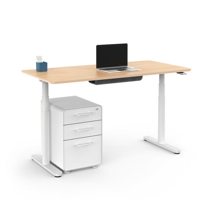Modern adjustable standing desk with laptop and file cabinet on white background. (Natural Oak-60&quot;)