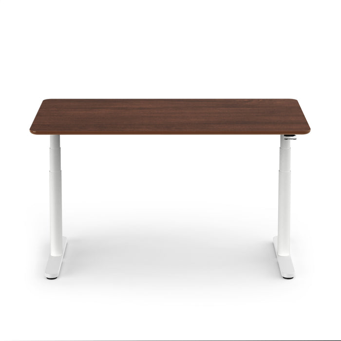 Modern adjustable-height desk with dark wood top and white legs on white background. (Walnut-60&quot;)