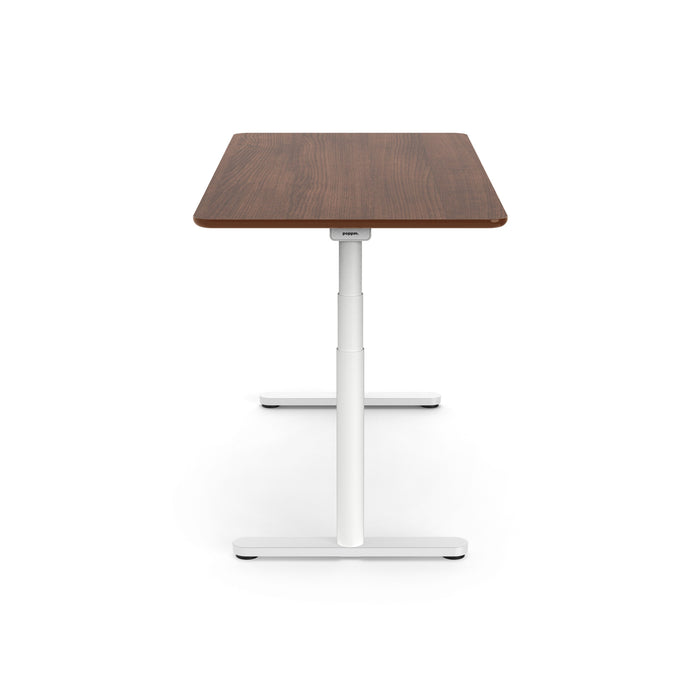 Adjustable standing desk with wooden top and white metal base on white background. (Walnut-60&quot;)