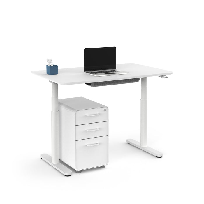 Modern standing desk with laptop and filing cabinet on white background. (White-48&quot;)