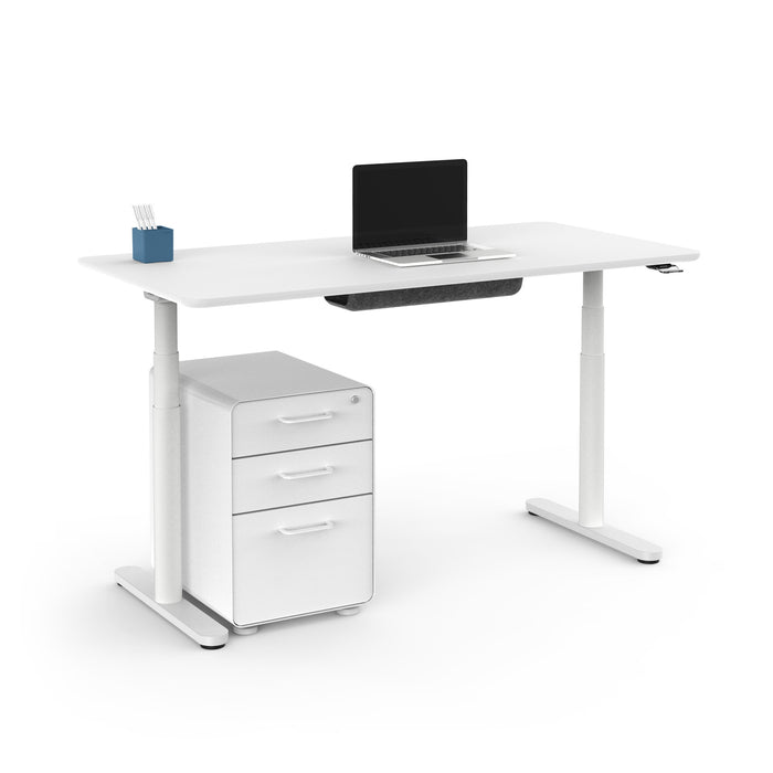 Modern height-adjustable desk with laptop and mobile pedestal on white background. (White-60&quot;)