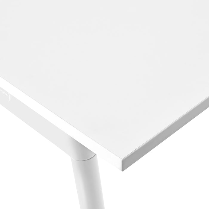 Close-up of a clean white minimalist table corner against a white background. (White-72&quot; x 36&quot;)(White-96&quot; x 42&quot;)(White-124&quot; x 42&quot;)(White-144&quot; x 36&quot;)