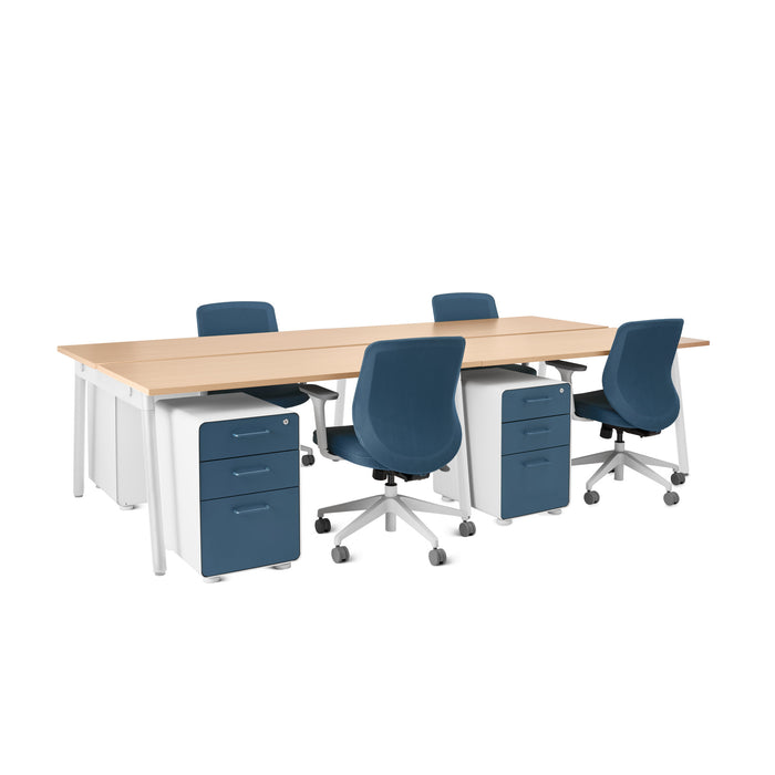 Modern office desk setup with blue chairs and white cabinets on a white background. (Natural Oak-57&quot;)