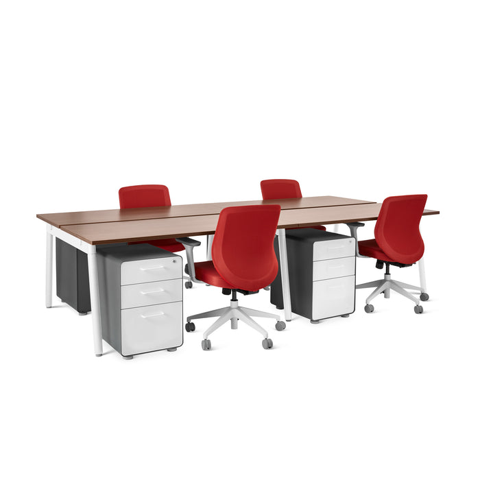 Modern office table with red chairs and white filing cabinets on a white background. (Walnut-57&quot;)