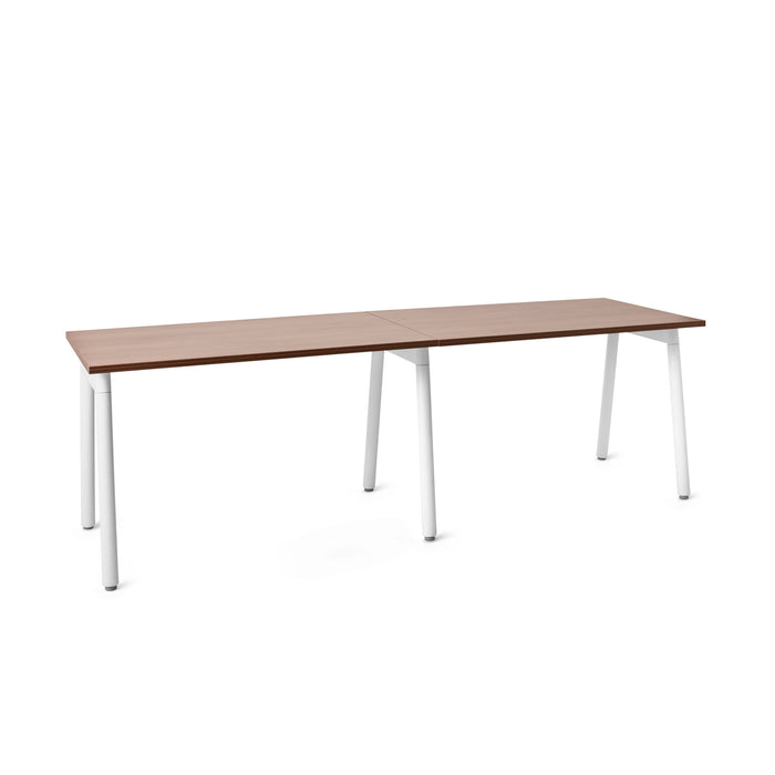 Modern extendable dining table with white legs and walnut finish top on a white background. (Walnut-47&quot;)
