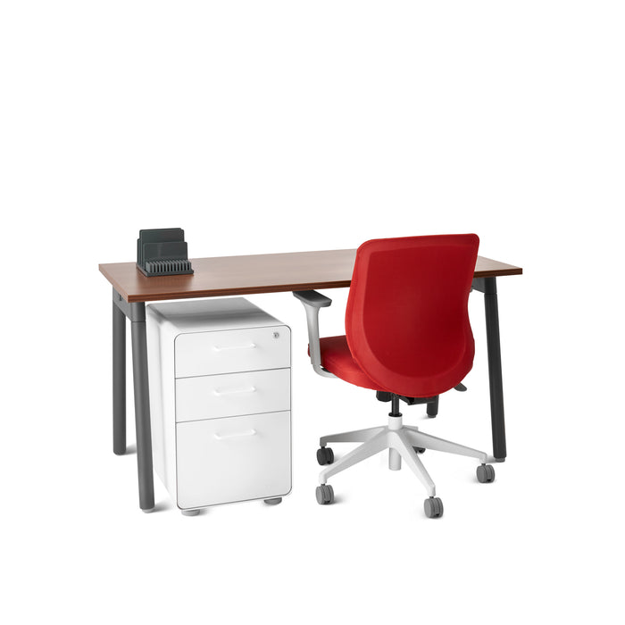 Modern office desk setup with red chair, white storage unit and desktop organizer. (Walnut-57&quot;)