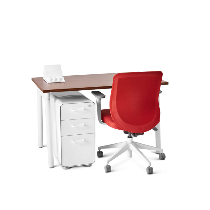 Modern office workspace with red chair, white desk, and file cabinet on white background. (Walnut-47&quot;)