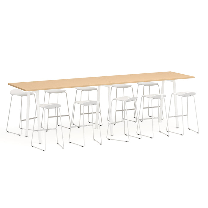 Modern white bar stools and long wooden table on white background. (Natural Oak-144&quot; x 36&quot;)