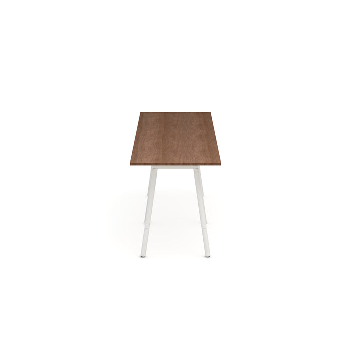 Modern square table with wooden top and white metal legs on a white background. (Walnut-144&quot; x 36&quot;)