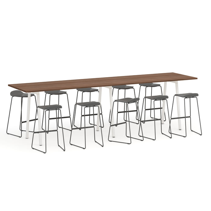 Modern wooden bar table with metal high stools on white background (Walnut-144&quot; x 36&quot;)