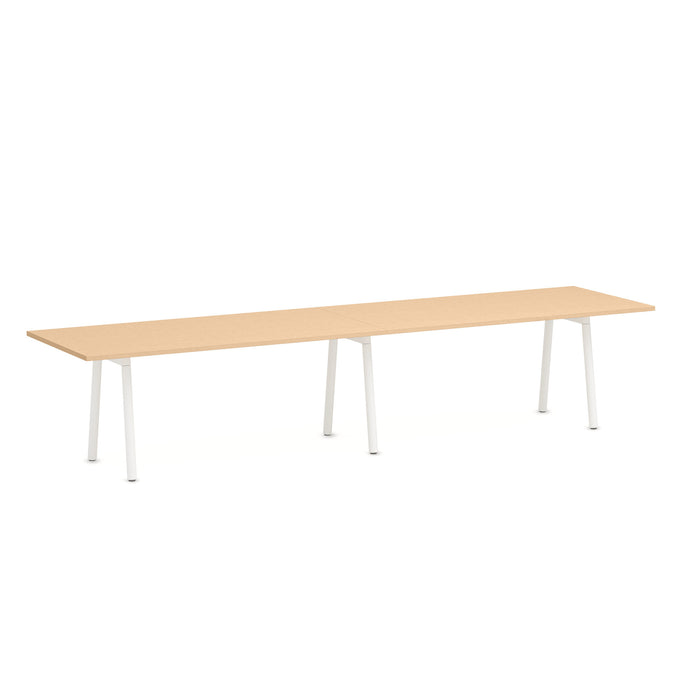 Modern minimalist long table with white legs and beige tabletop on white background. (Natural Oak-144&quot; x 36&quot;)