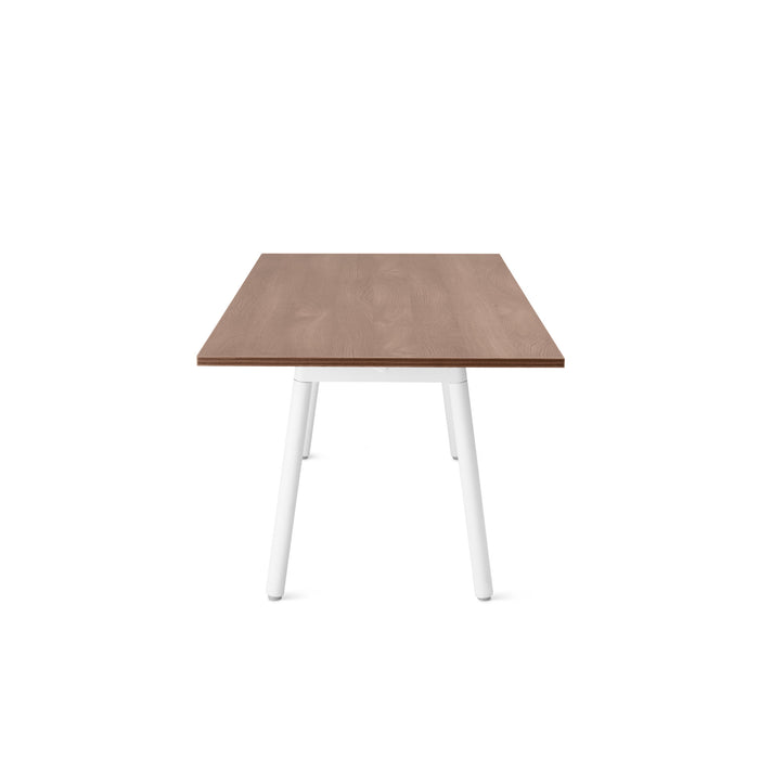 Modern square table with brown wooden top and white legs on a white background. (Walnut-72&quot; x 36&quot;)