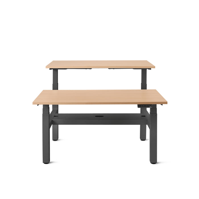 Adjustable height wooden desk with black frame on a white background. (Natural Oak-47&quot;)