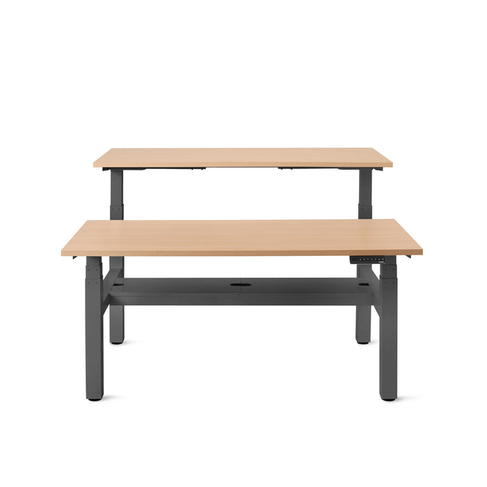 Modern height-adjustable wooden desk with dual tiers and metal frame on a white background. (Natural Oak-57&quot;)