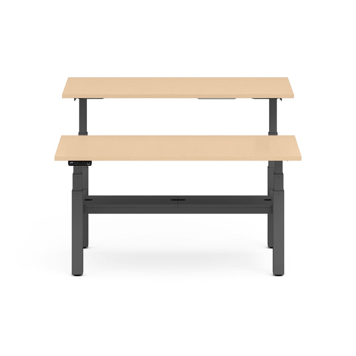 Modern adjustable standing desk with dual tiers and black frame on white background. (Natural Oak-60&quot;)