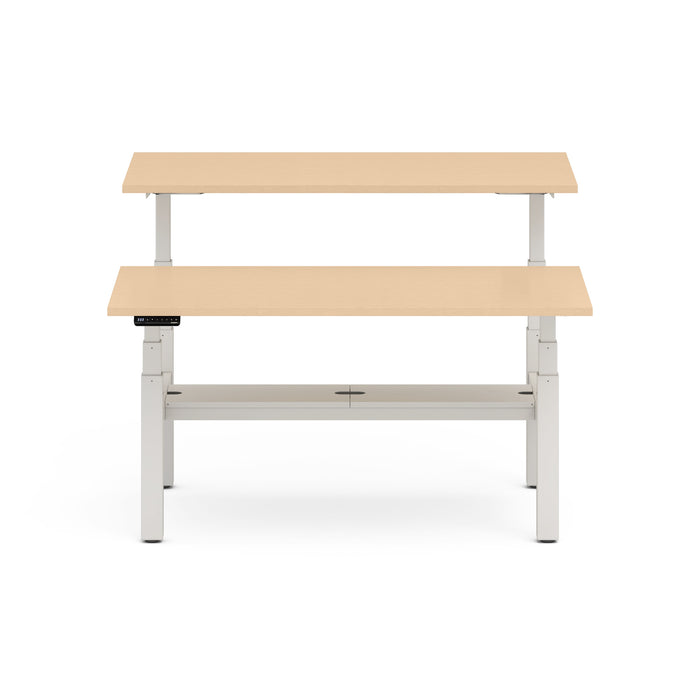 Adjustable standing desk with dual wooden tabletops on white background. (Natural Oak-60&quot;)