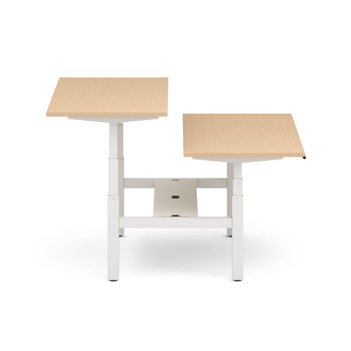 Two height-adjustable standing desks with beige tabletops against a white background. (Natural Oak-60&quot;)