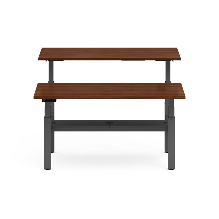 Adjustable standing desk with wooden tabletops and gray frame isolated on white background. (Walnut-60&quot;)