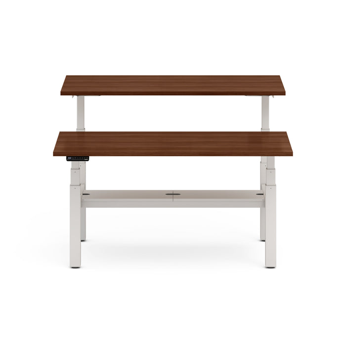 Adjustable height desk with walnut finish and white frame on a white background. (Walnut-60&quot;)