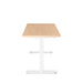 Modern height-adjustable desk with wooden top and white base on a white background. (Natural Oak-57&quot;)(Natural Oak-57&quot;)