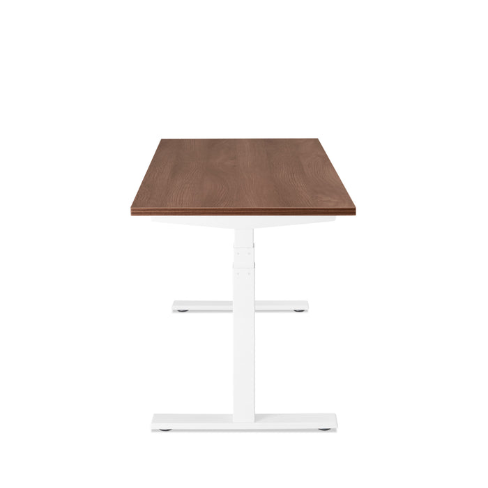 Modern adjustable white standing desk with wooden top on a white background. (Walnut-57&quot;)(Walnut-57&quot;)