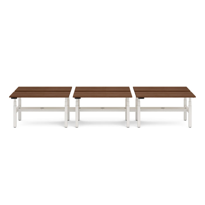 Three modern outdoor benches with white metal frames and brown wooden slats. (Walnut-47&quot;)