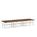 Three-section modular brown top table with white legs on a white background. (Walnut-57&quot;)
