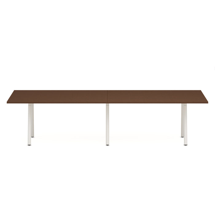 Modern brown rectangular office table with white legs on a white background. (Walnut-124&quot; x 42&quot;)