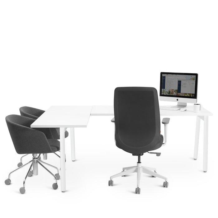 Modern office corner desk setup with computer and chairs on a white background. (White)