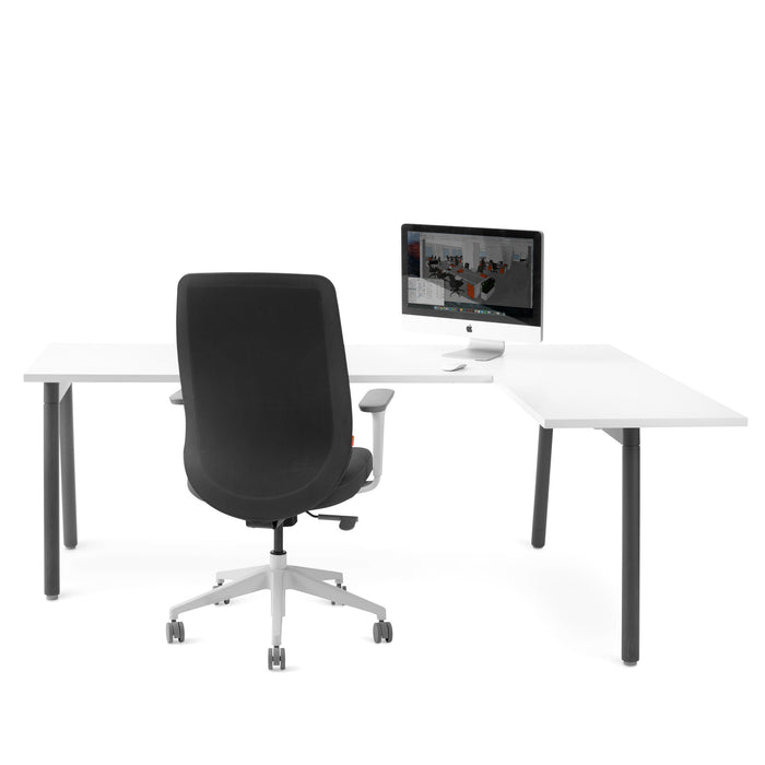 Modern office desk with ergonomic black chair and desktop computer on white background. (White)