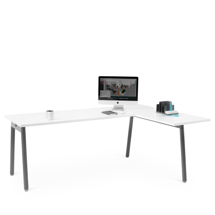 Modern white L-shaped desk with computer and office supplies on it. (White)