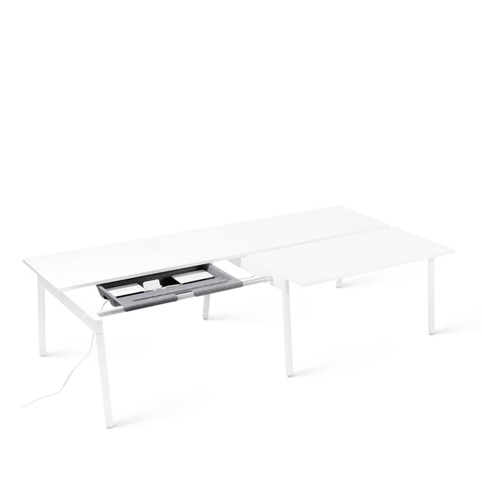 Modern white extendable dining table with open storage compartment on white background. (Desk for 4)(Desk for 6)(Desk for 8)(Desk for 10)