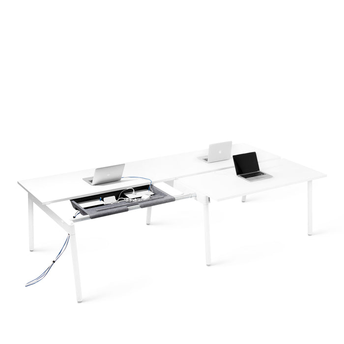 Modern white office desk with laptops and open storage compartment on white background. (Desk for 4)(Desk for 6)(Desk for 8)(Desk for 10)