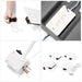 Collage showcasing various angles of a white multi-outlet power strip with USB ports and power switches. (Desk for 4)(Desk for 6)(Desk for 8)(Desk for 10)