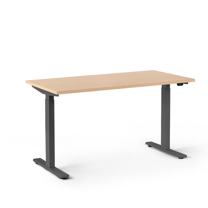 Adjustable-height modern desk with wooden top and black frame on a white background. (Natural Oak-47&quot;)