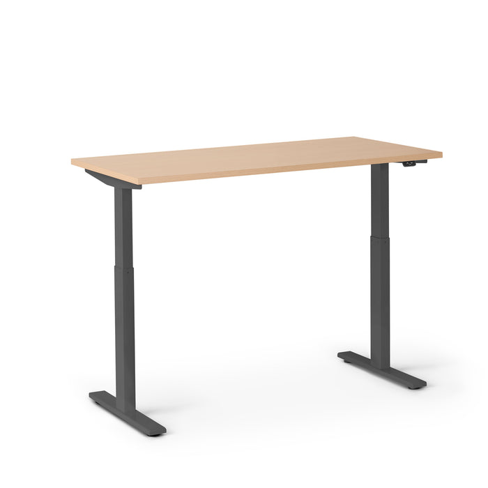 Alt text: Height-adjustable standing desk with wooden top and black frame isolated on white background. (Natural Oak-47&quot;)