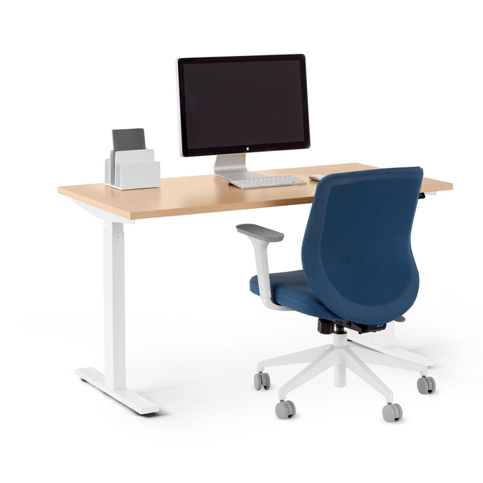 Modern ergonomic office workspace with desk, blue chair, and computer display on white background (Natural Oak-47&quot;)