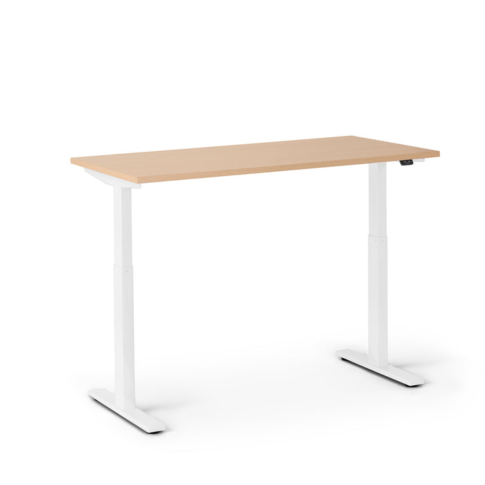 Adjustable height modern desk with white legs and wooden top against a white background. (Natural Oak-47&quot;)