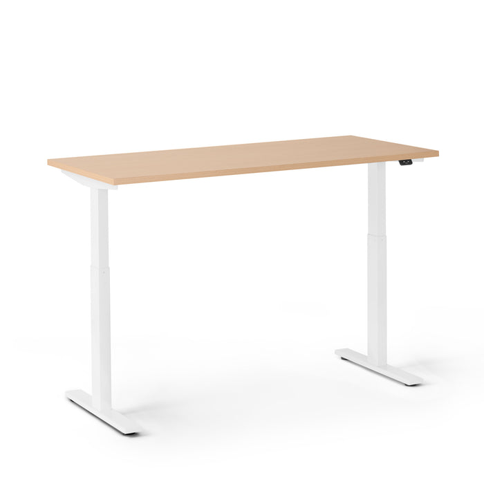 Modern adjustable standing desk with wooden top and white legs on a white background. (Natural Oak-57&quot;)