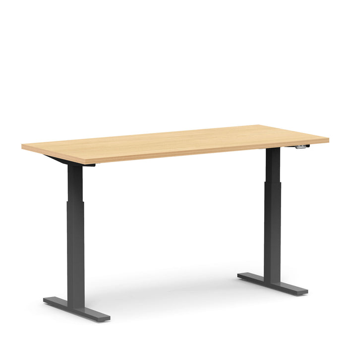 Modern adjustable standing desk with wooden top and black frame on white background. (Natural Oak-60&quot;)